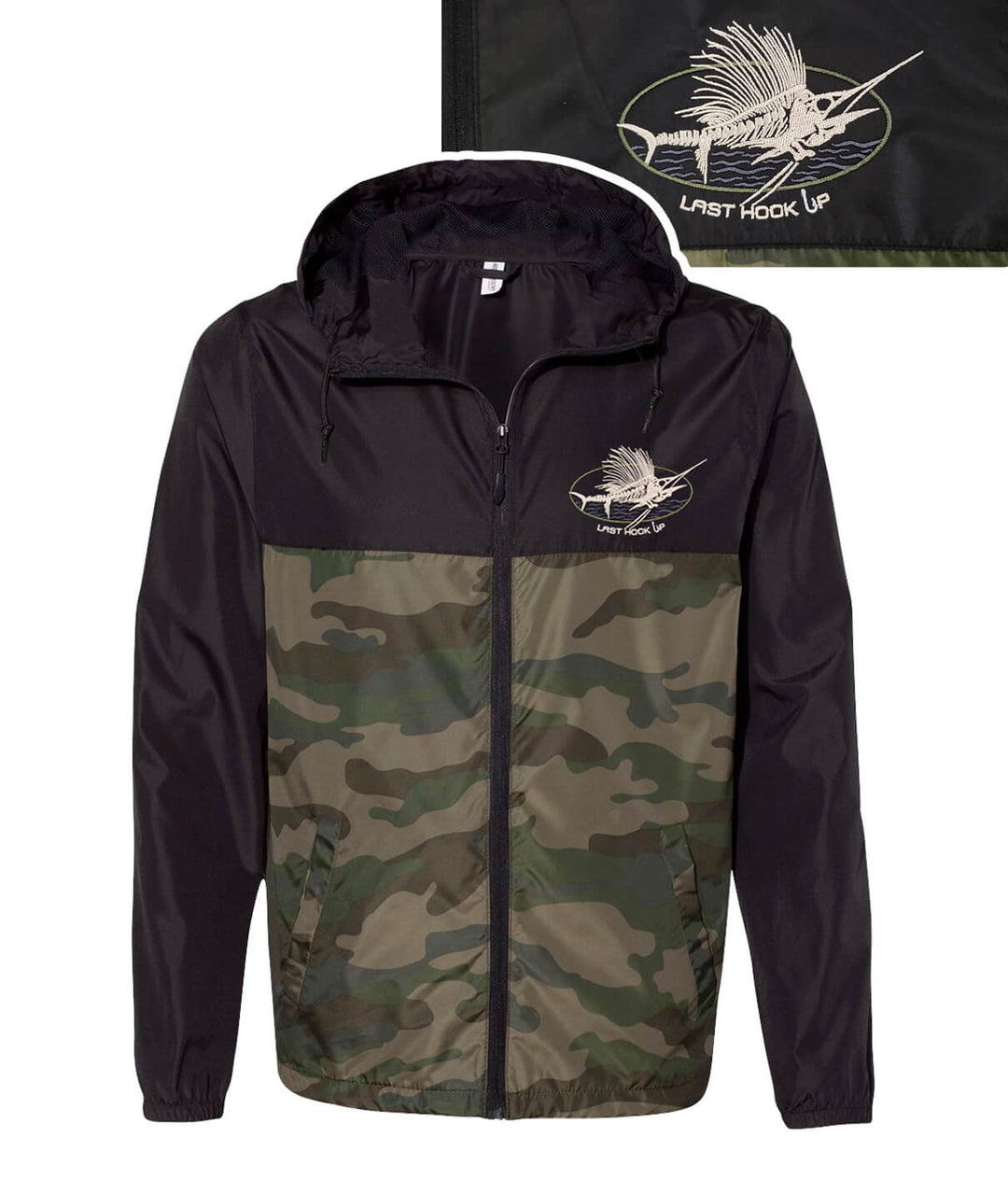 Lightweight windbreaker jacket featuring 'Last Hook Up' logo, camouflage design, zip front closure, and mesh-lined hood.