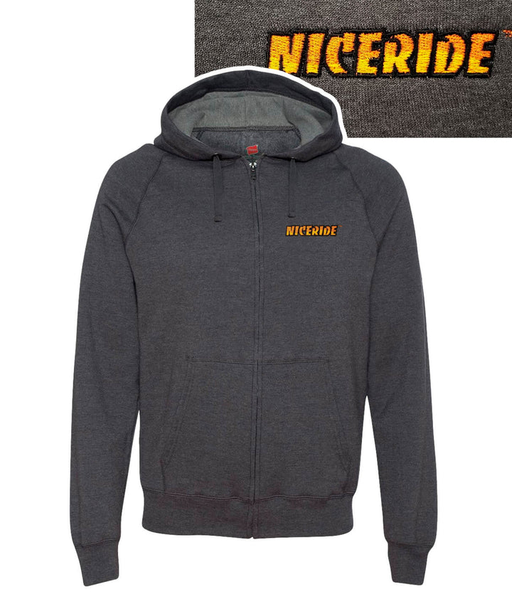Hanes Gray unisex adult zip up hoodie featuring NICERIDE embroidered logo.