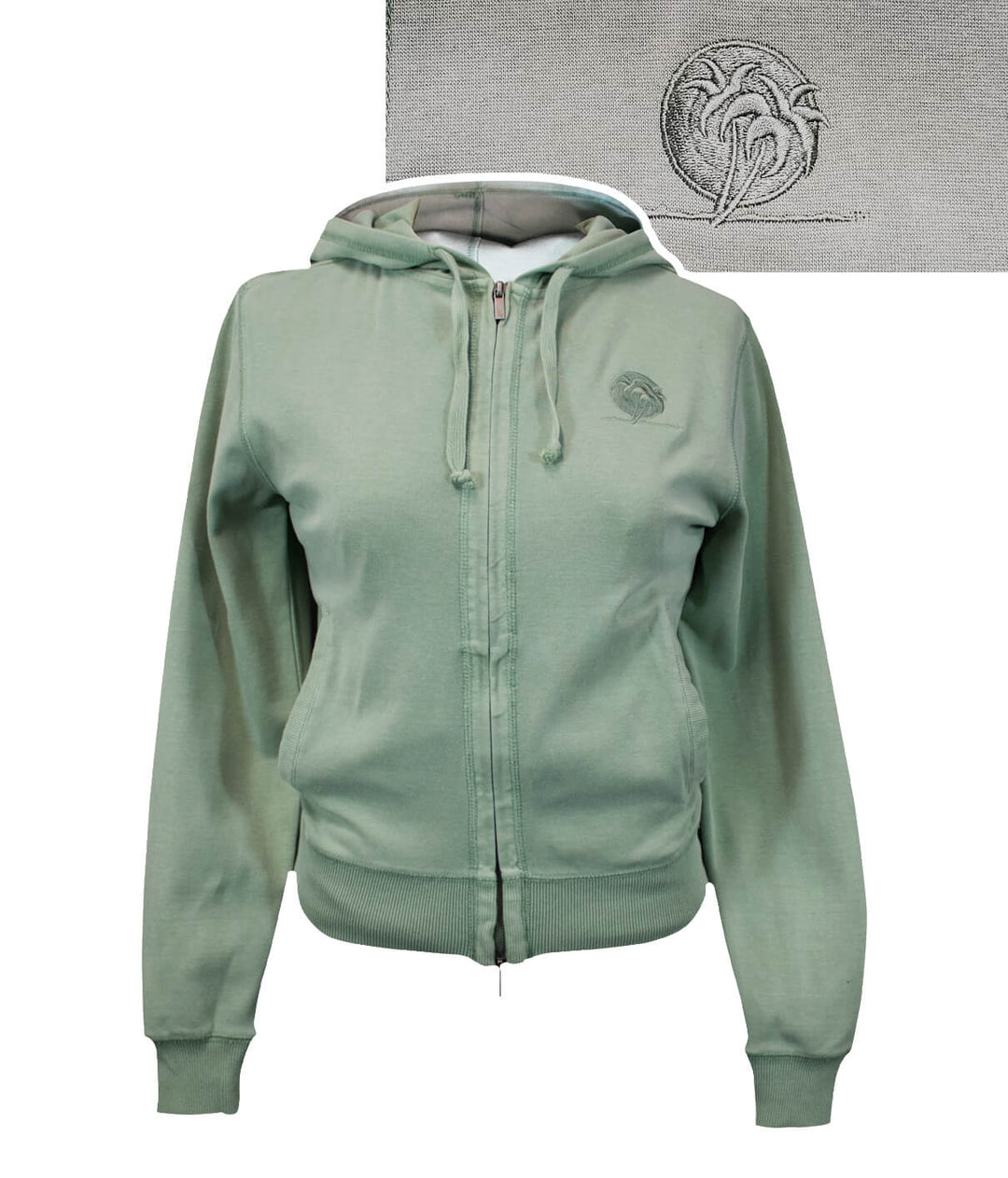 Stardust women's hoodie in green with embroidered logo, stylish zip up design for chilly nights.