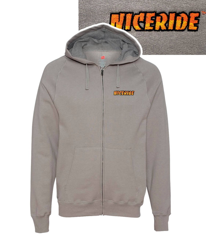 Evening Breeze gray unisex zip up hoodie with NICERIDE embroidered on the front.