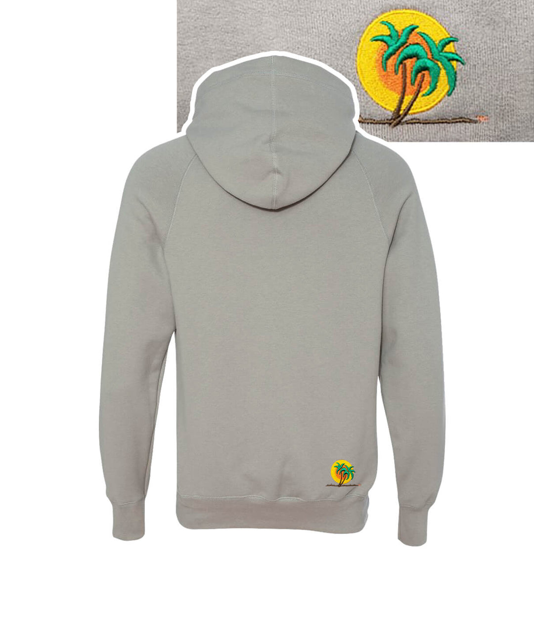 Evening Breeze gray unisex hoodie showing NICERIDE Classic Palm logo embroidered on back right hip.