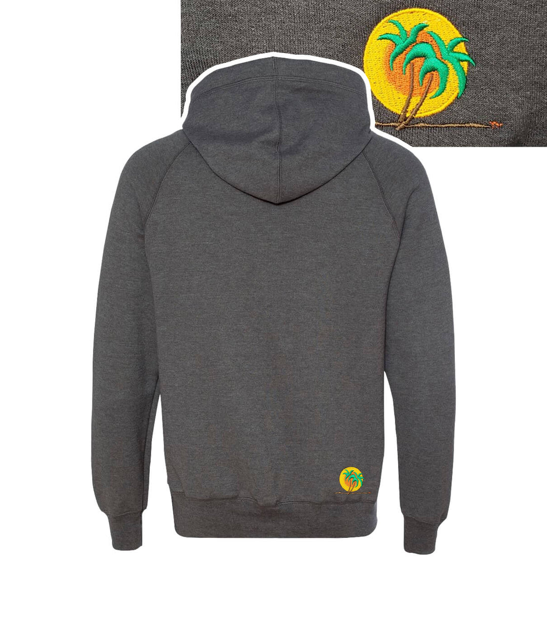 Evening Breeze gray unisex hoodie featuring NICERIDE logo and Classic Palm design on back right hip.