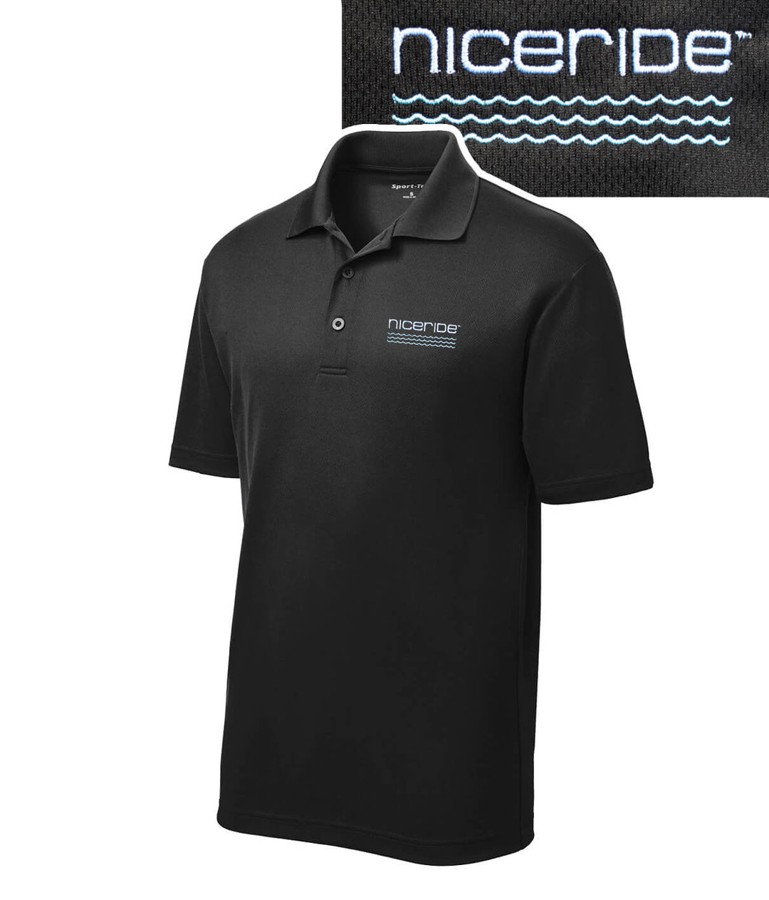 On The Water Men's Golf Shirt, Men's Polo Shirt with NICERIDE logo in black and blue embroidery.