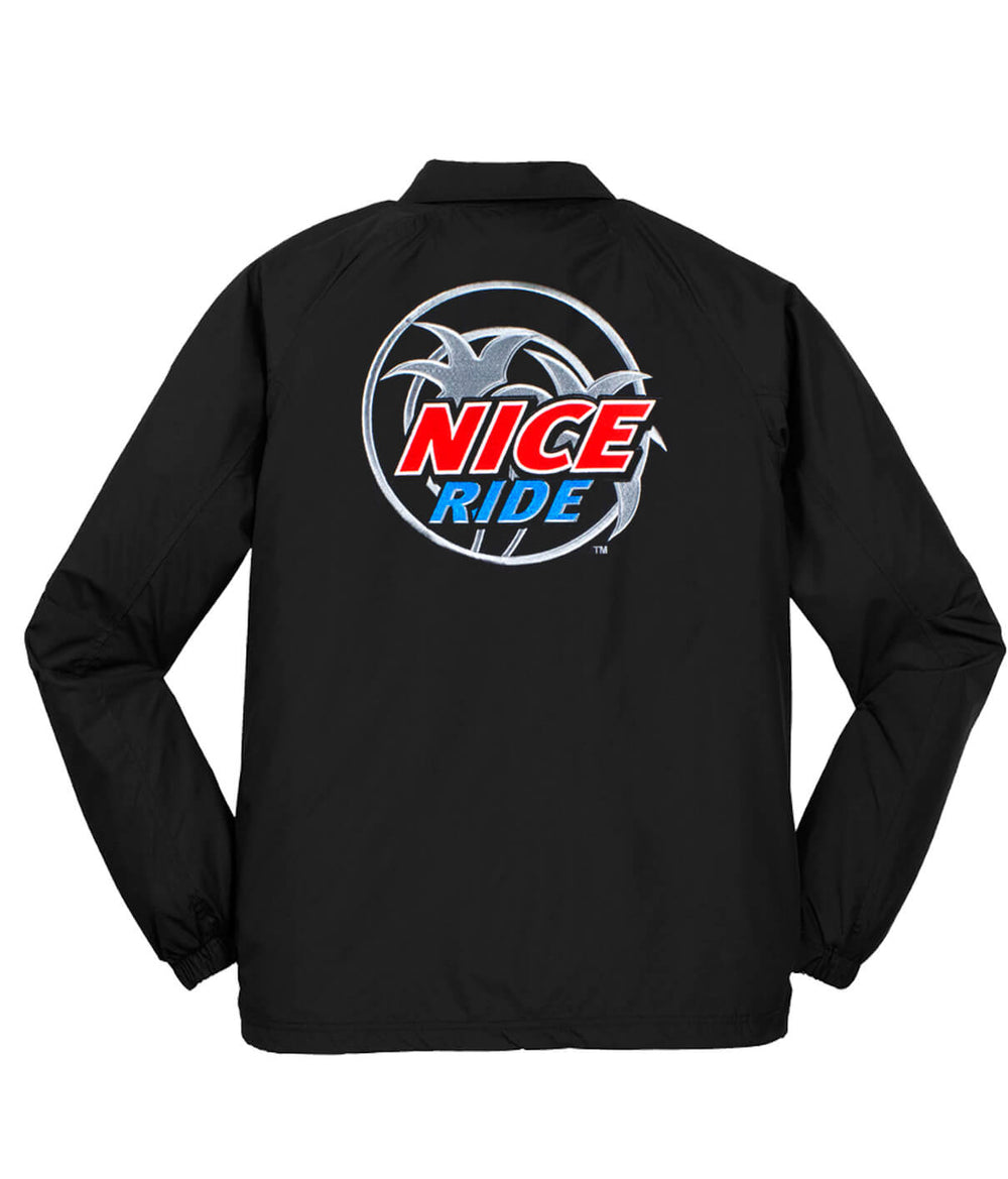 Back view of NICERIDE's "Choo Choo" jacket featuring a large embroidered logo on a black windbreaker.