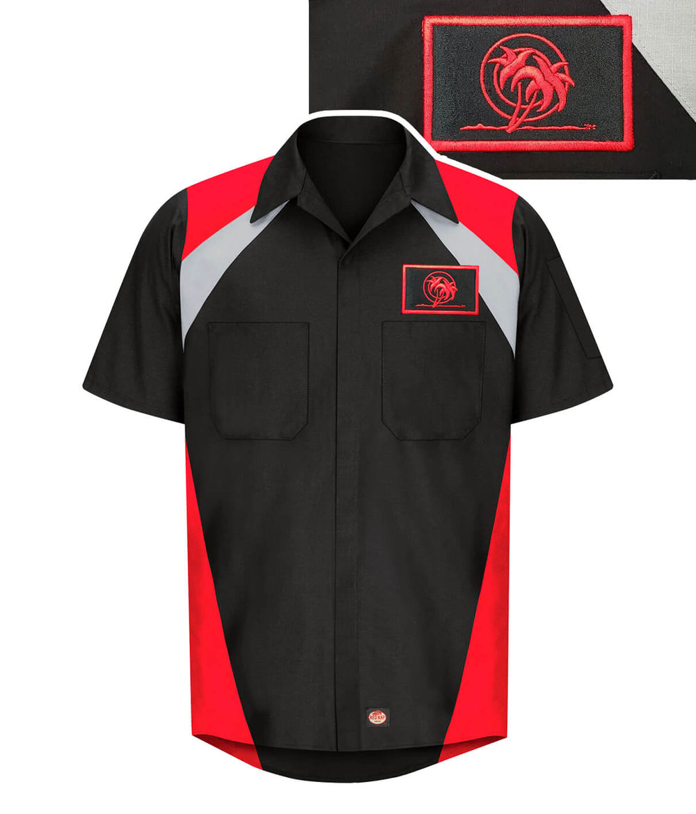 Men's black, red, and grey mechanics shirt featuring embroidered palm patch and NICERIDE logo.