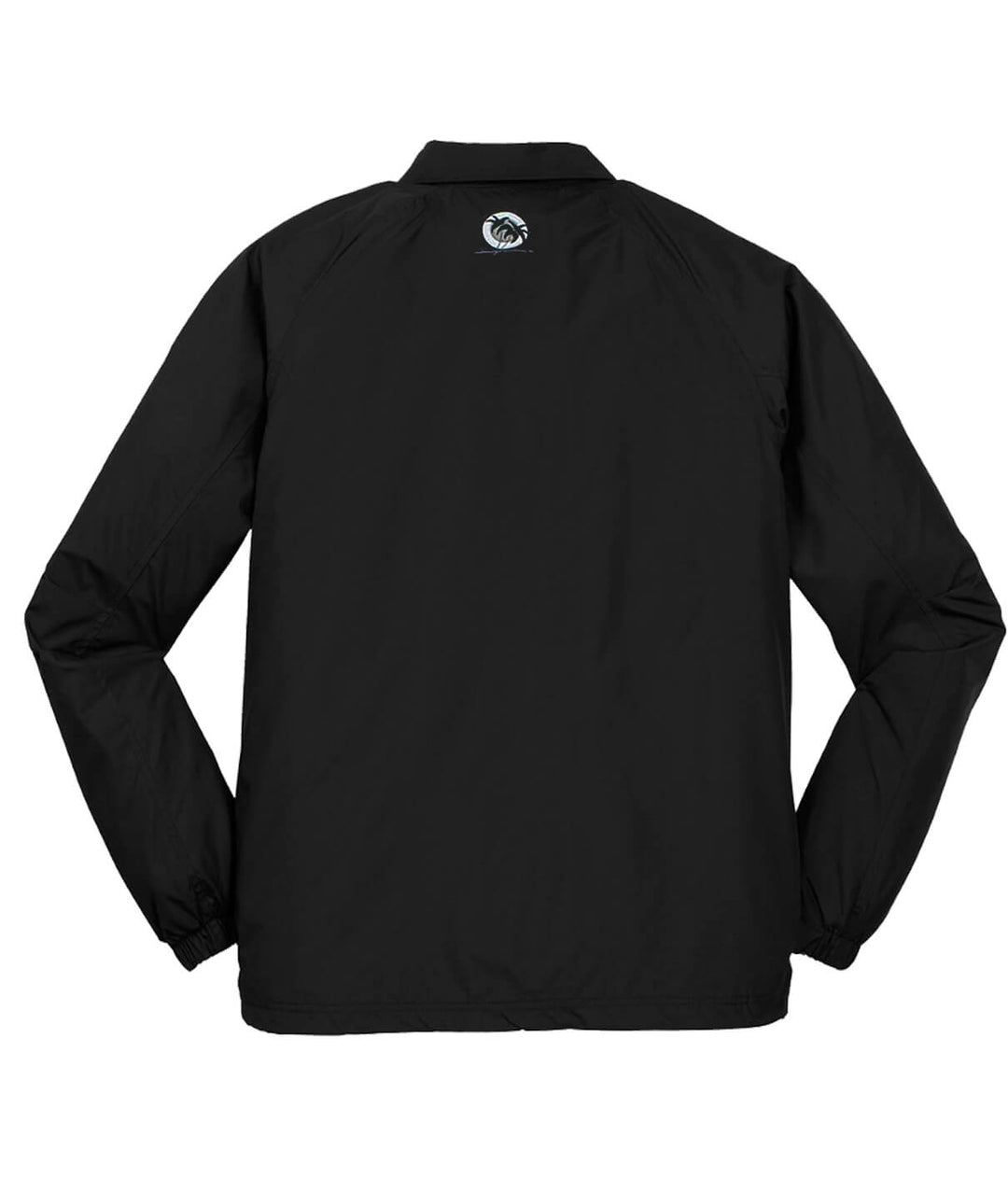 Back view of a black Coach windbreaker jacket featuring embroidered logo on the upper back.