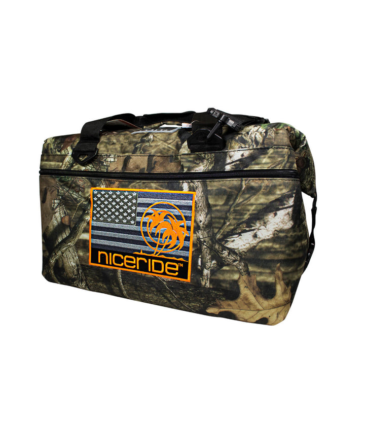 Black vinyl soft sided insulated cooler by NICERIDE with camo pattern and Strong design.