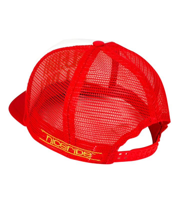 Back view of a Bold Holiday Foam Trucker Hat with NICERIDE logo, designed for comfort and style.
