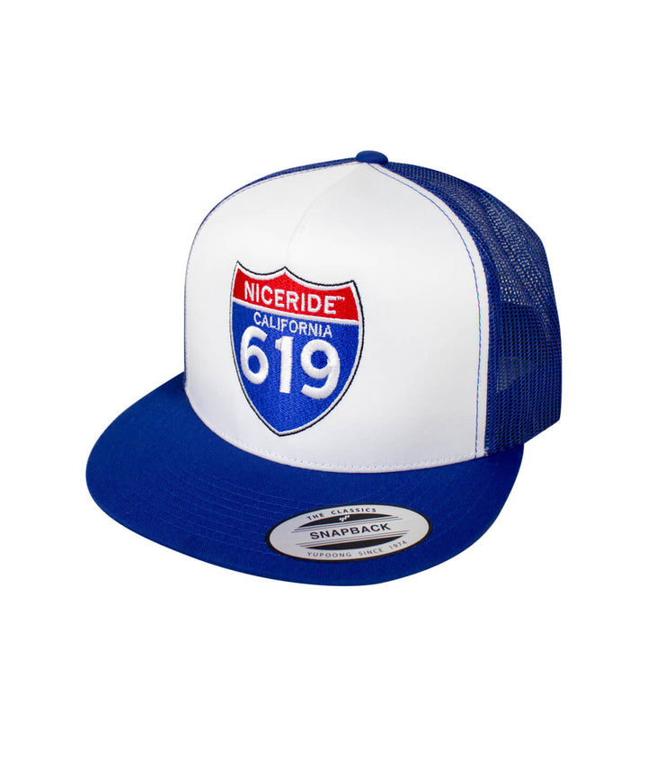 Interstate 619 trucker cap with NICERIDE logo, a classic snapback hat for stylish outdoor wear.
