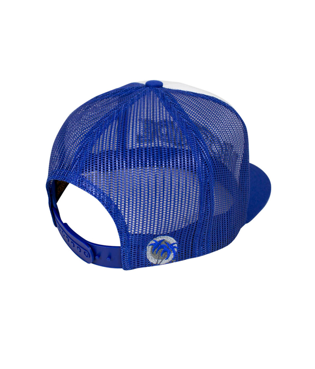 Back view of the Interstate 619 trucker cap showing blue mesh and embroidered palm logo, a classic hat.
