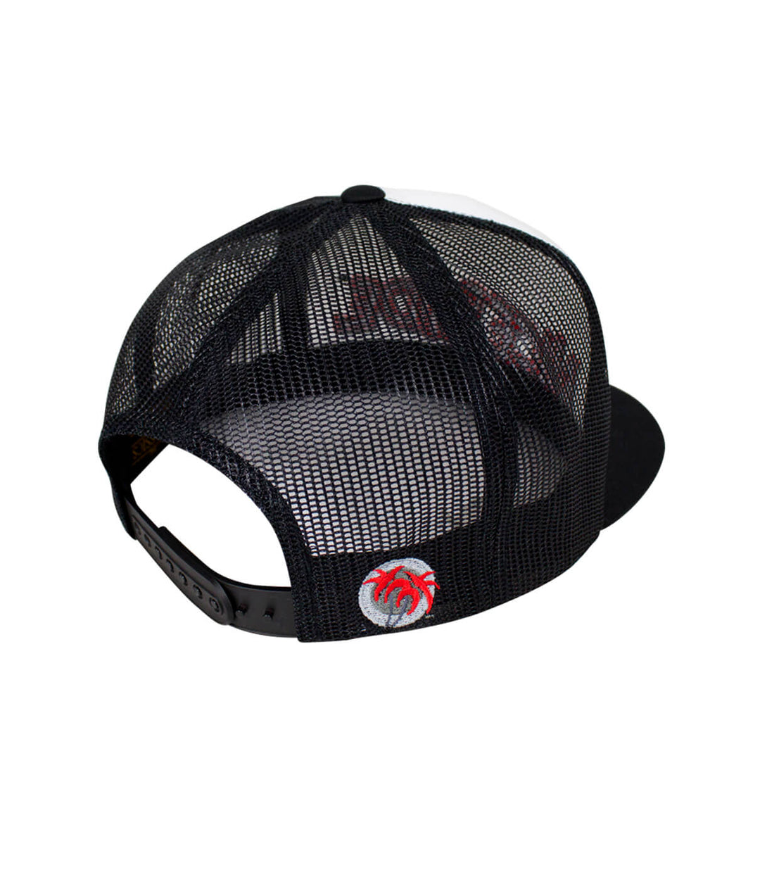 Back view of the Bed Rock Trucker Hat showcasing the mesh design and Blacked Out Classic Palm Logo.