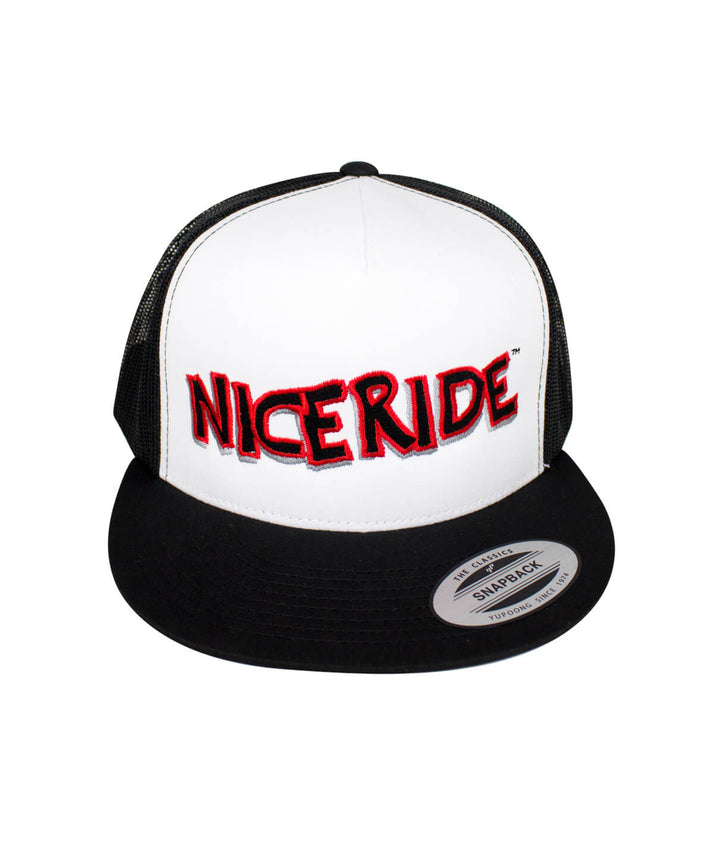 NICERIDE "Bed Rock" hat showcasing red embroidered logo on a classic snapback trucker design.