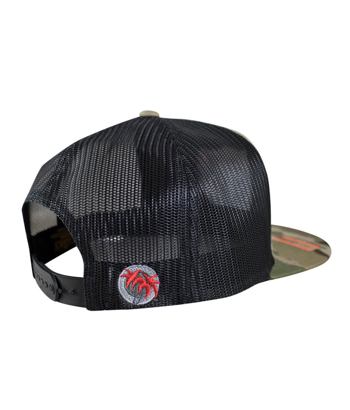 Interstate 619 Trucker Cap, black mesh back with palm logo, classic snapback hat, designed in the USA.