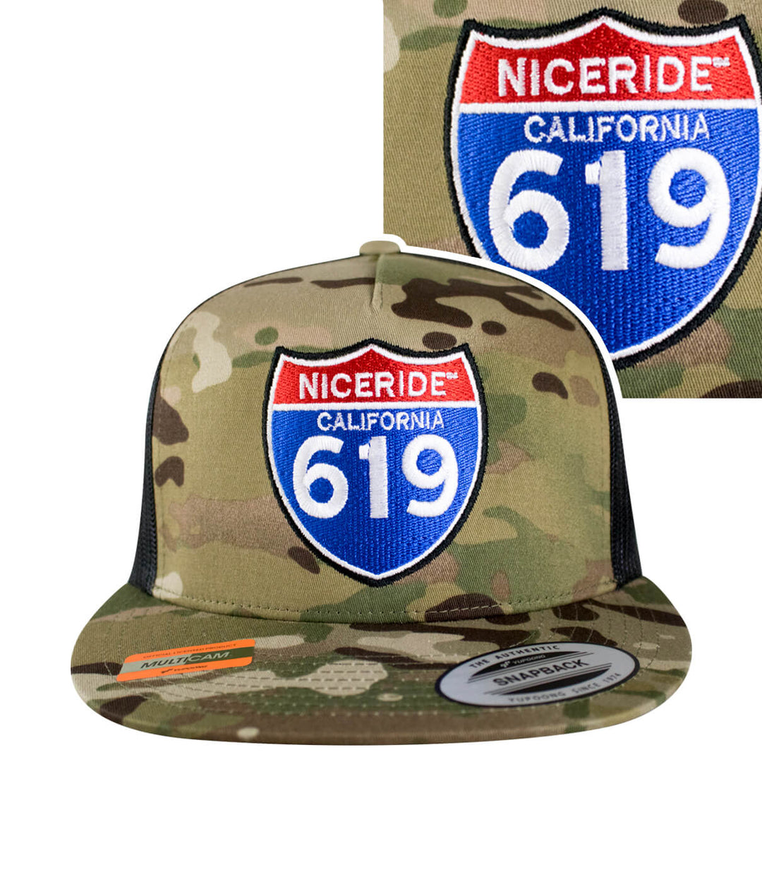 Interstate 619 Trucker Cap, camo snapback hat with embroidered NICERIDE logo, designed in the USA.