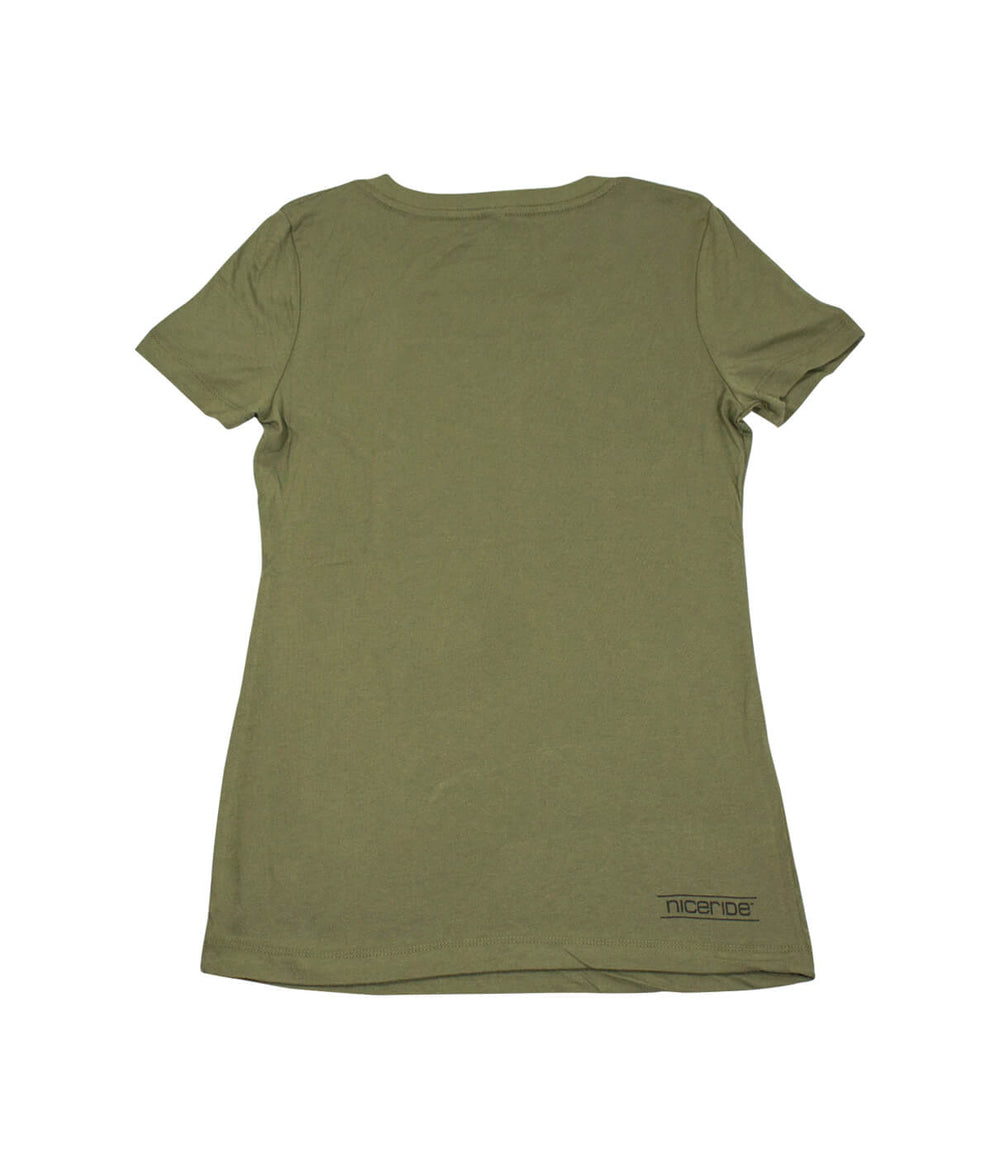 Back view of Nope - Next Level Women's V-Neck Short Sleeve Shirt in olive green with NICERIDE logo on right hip.