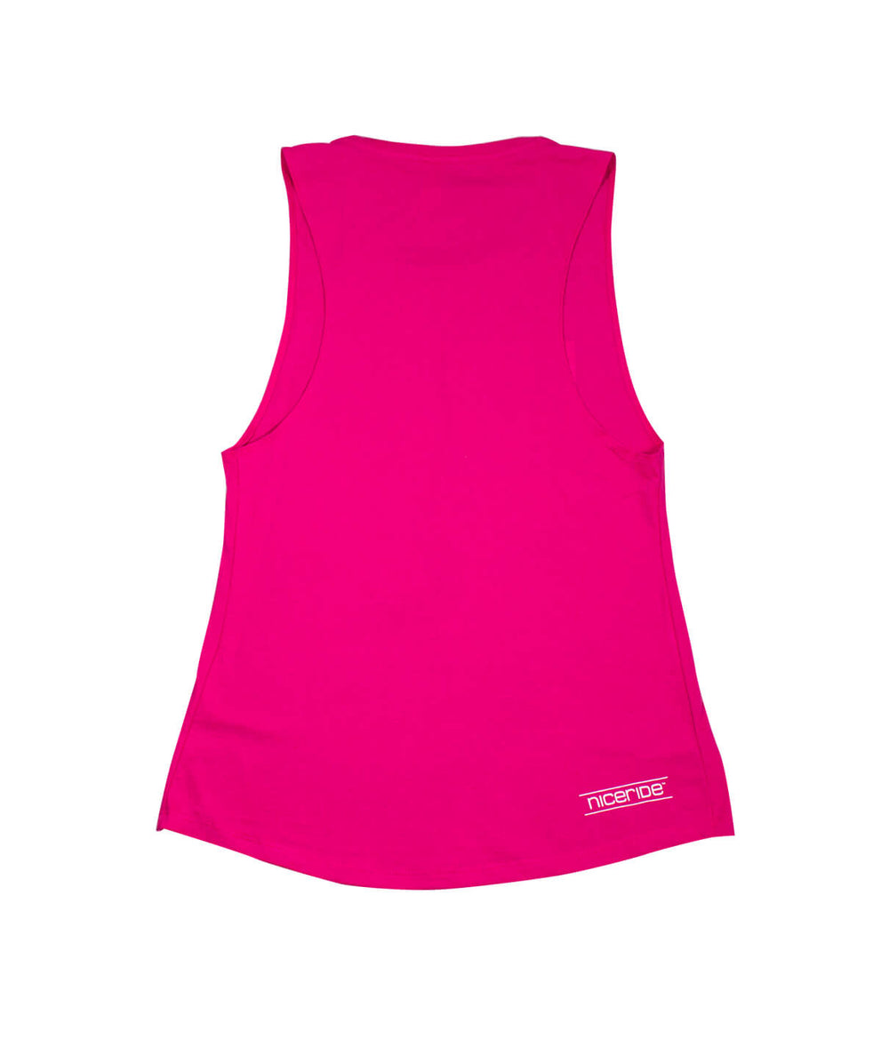 Pink women's muscle tank top with NICERIDE logo on the back, perfect for casual summer wear.
