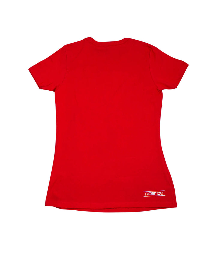 Back view of a red shirt featuring NICERIDE&