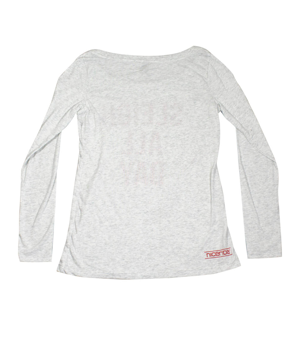 Back view of the "Sleigh All Day" long sleeve shirt showcasing NICERIDE logo on the right hip.