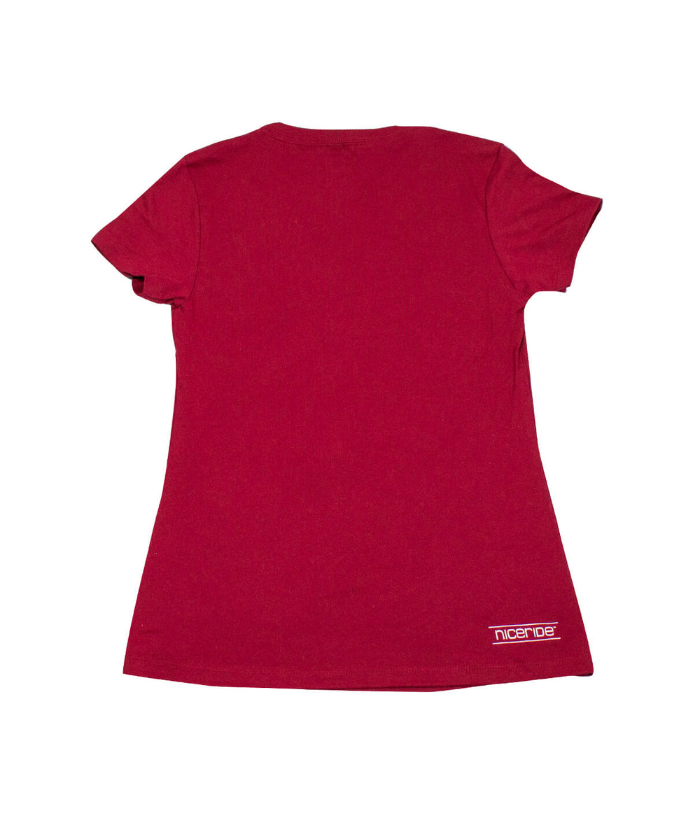 Back view of a red women's shirt featuring NICERIDE's logo on the back right hip - Don't Be Afraid to Catch Feels.