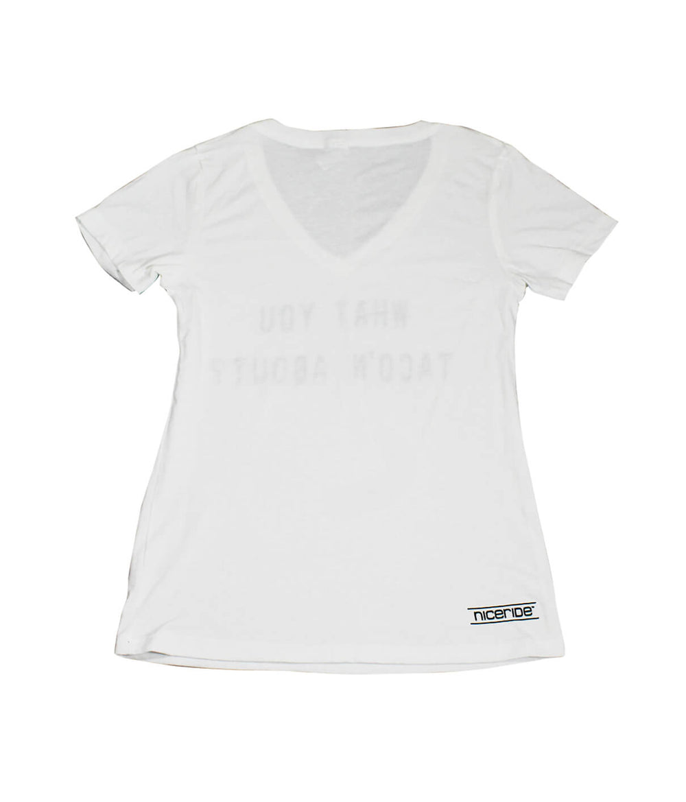 What You Taco'n About? shirt in white, featuring a v-neck and NICERIDE logo on the hem.