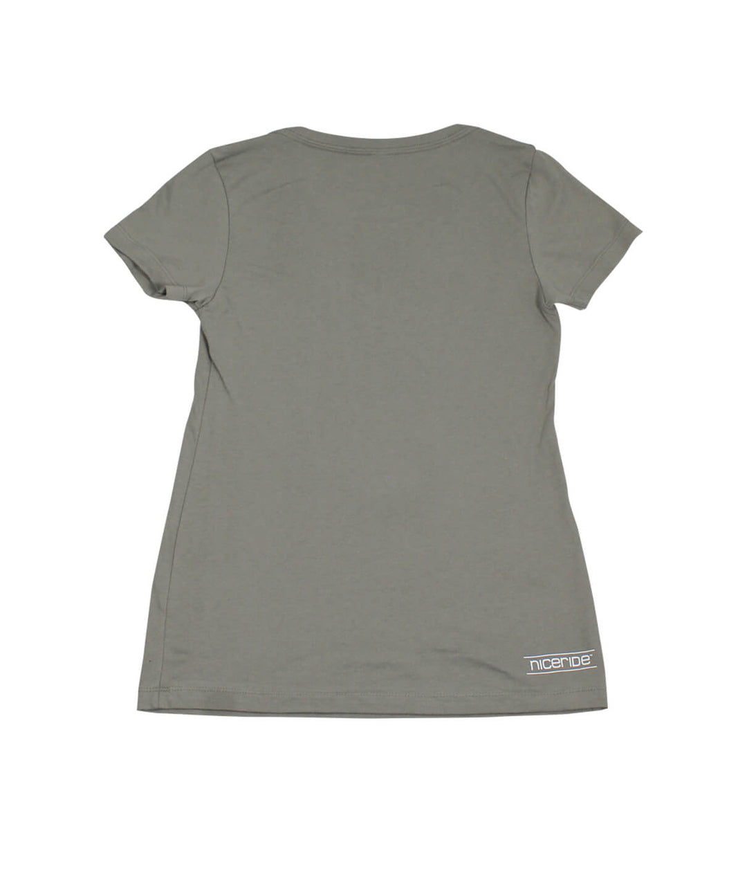 Back view of a Next Level V-Neck shirt in olive green with NICERIDE&
