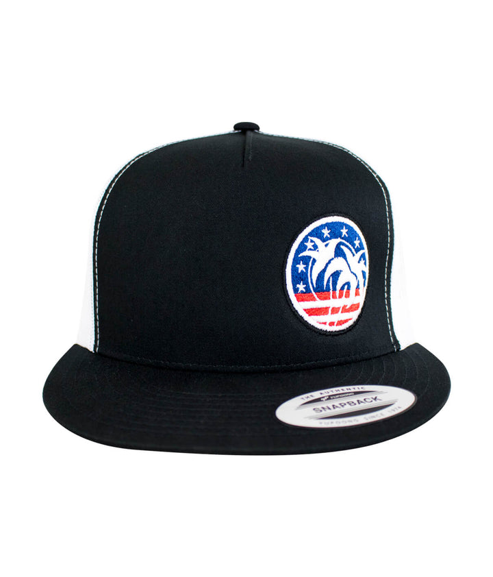 Spirit of 76-LP trucker hat with embroidered design, classic snapback style hat featuring red, white, and blue logo.