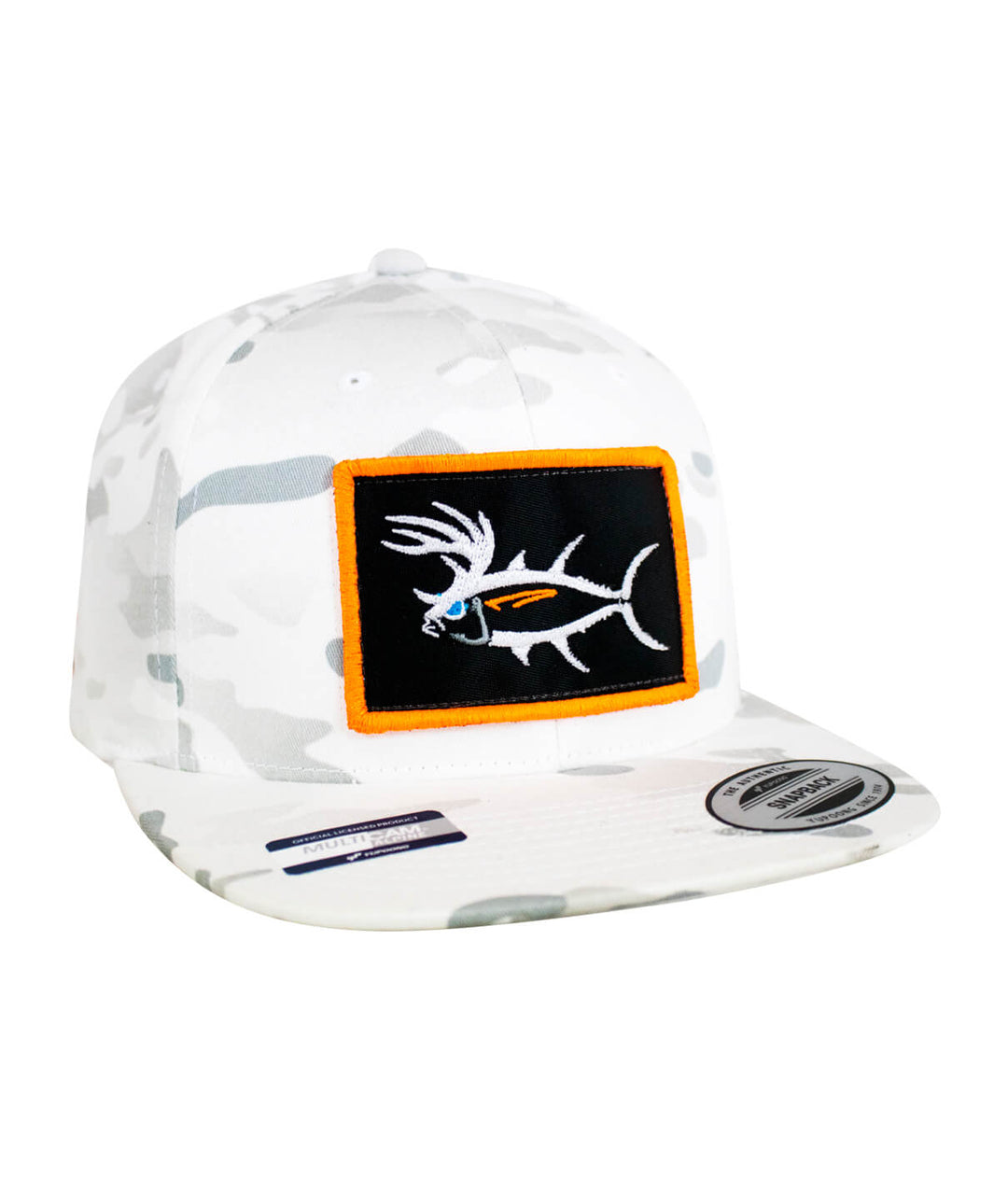 Buck-Eye Patch Unisex Flatbill White Snapback Hat featuring embroidered design, perfect fishing hat for all activities.