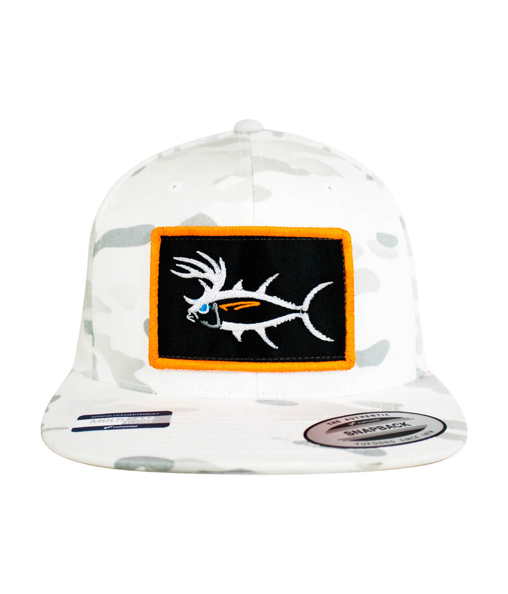 White camo flatbill hat with embroidered fish design for outdoor activities.
