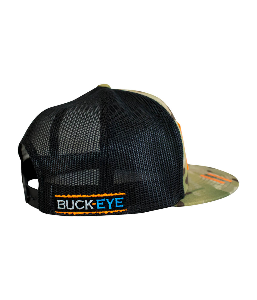 Back view of Buck-Eye Patch unisex snapback trucker hat showcasing breathable mesh and adjustable snap closure.