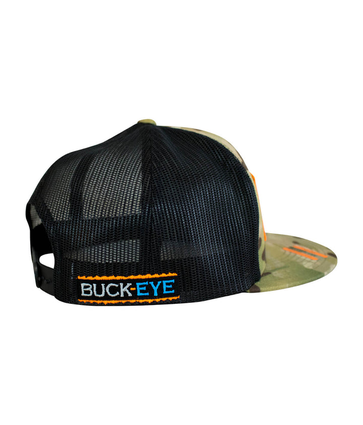 Back view of Buck-Eye Patch unisex snapback trucker hat showcasing breathable mesh and adjustable snap closure.