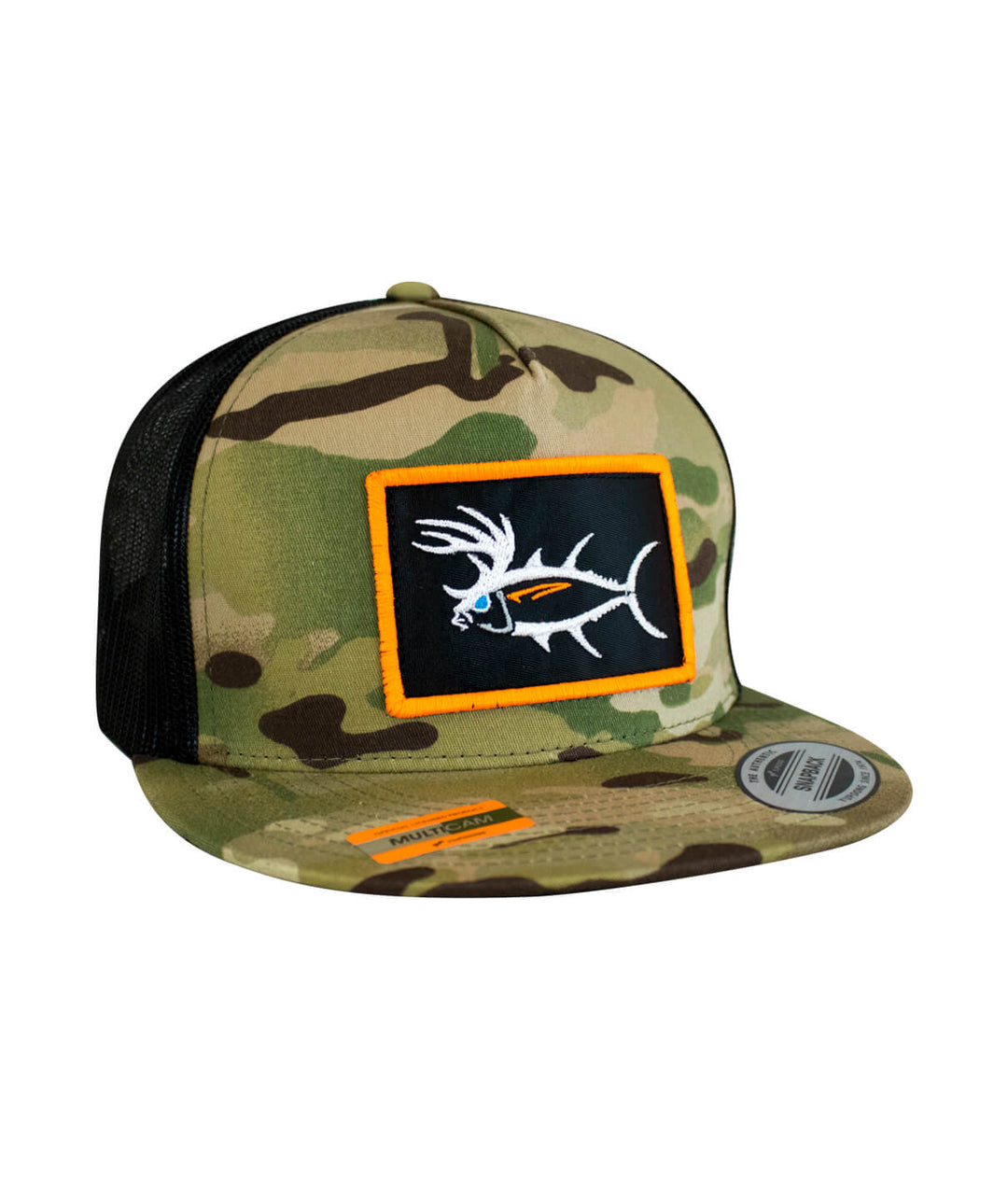 Buck-Eye Patch unisex snapback trucker hat in camouflage with embroidered fish design.