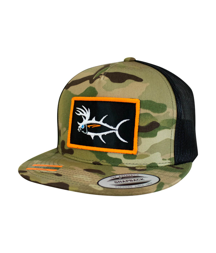 Buck-Eye Patch unisex snapback trucker hat in camouflage with embroidered fish design and black mesh back.