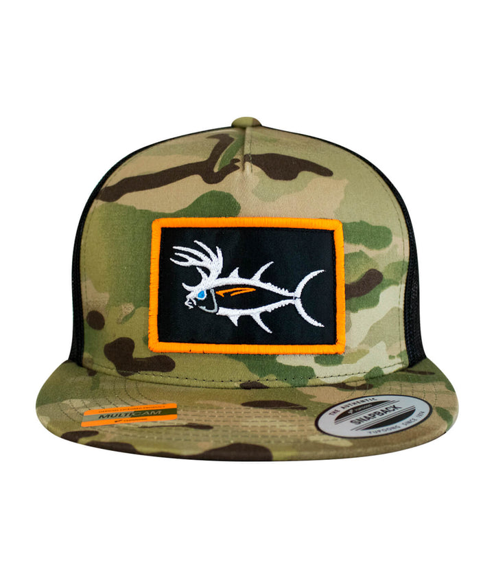 Buck-Eye Patch unisex snapback trucker hat with camo design and embroidered fish logo