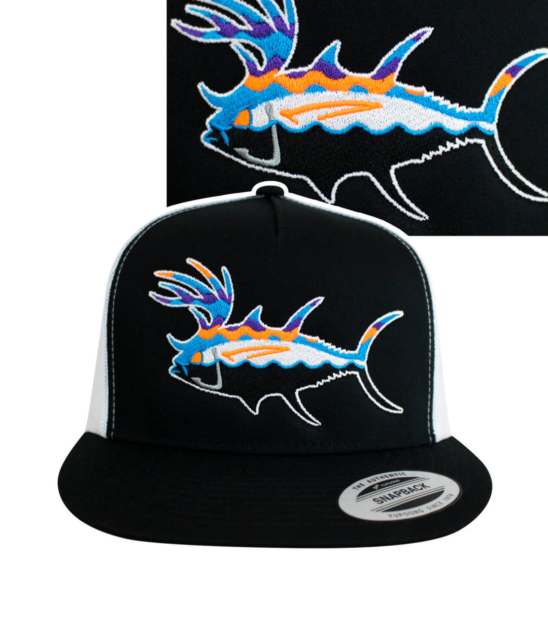 Buck-Eye Explorer Unisex Snapback Trucker Hat with colorful fish design embroidered on the front.