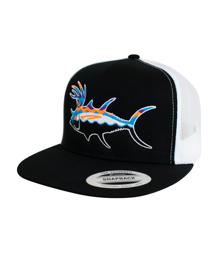Buck-Eye Explorer Unisex Snapback Trucker Hat with embroidered fish design, perfect hat for fishing lovers.