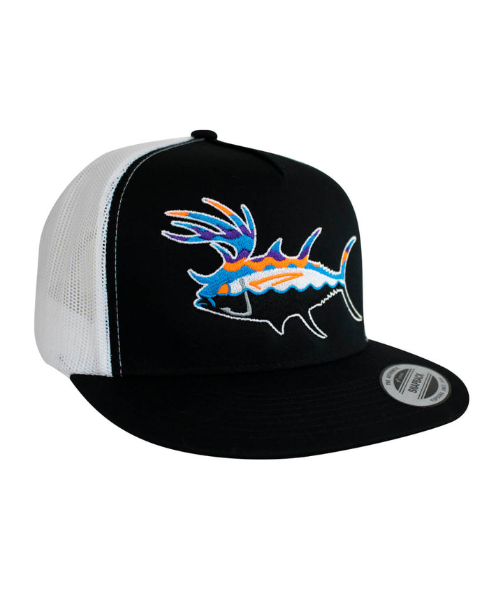 Black and white unisex snapback trucker hat with colorful fish design, ideal for fishing and outdoor activities.