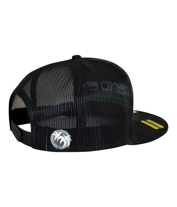 Back view of On The Water - Center Trucker Baseball Cap, showing black mesh and palm logo embroidery.
