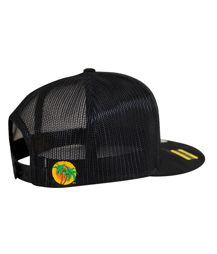 The Badge trucker hat featuring NICERIDE design, embroidered palm logo, and classic snapback style.