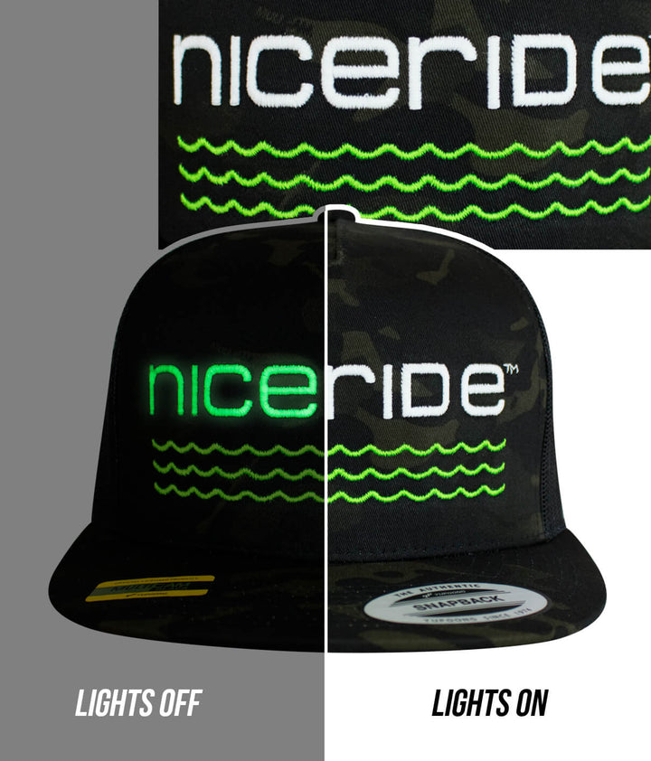 On The Water Trucker Baseball Cap by NICERIDE with illuminated logo display in lights on and off.