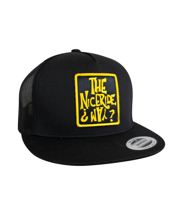 NICERIDE WAY trucker hat featuring embroidered patch and classic palm logo, perfect for casual wear, stylish hat for all occasions.