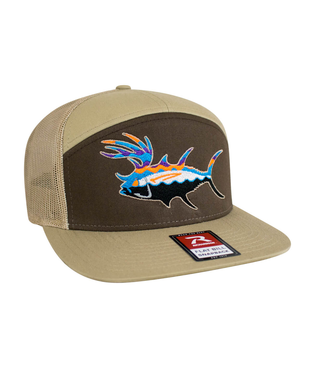 BUCK- EYE Explorer 7 Panel Trucker Hat for Men and Women featuring colorful fish embroidery