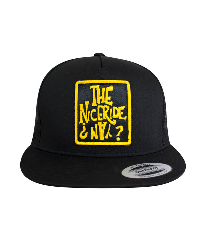 NICERIDE WAY Trucker Hat featuring embroidered patch, black adjustable snapback hat.