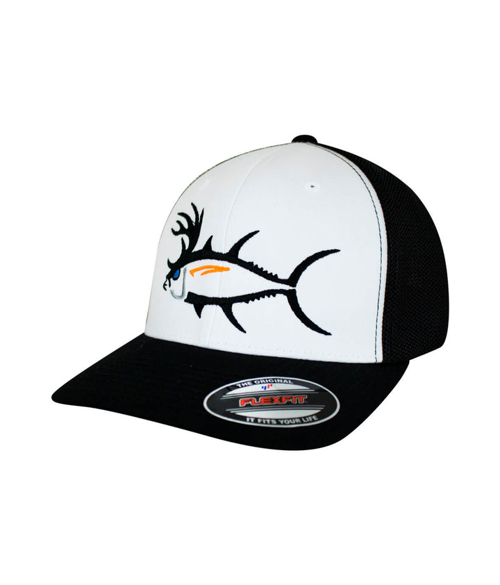 Buck-Eye meshback flexfit hat with fish design on front, ideal for fishing, outdoor activities, and casual wear.