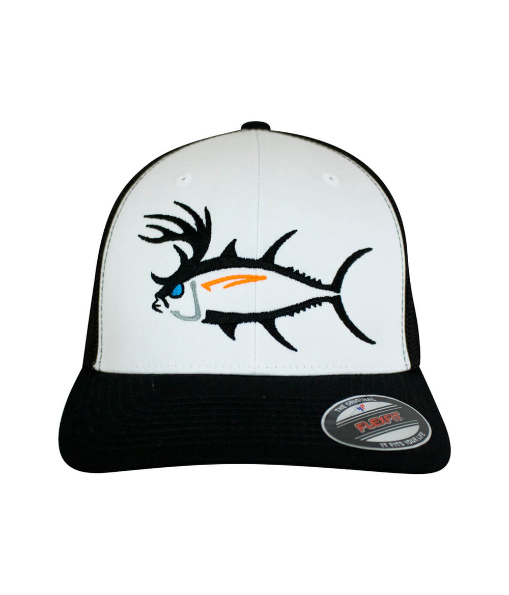 Buck-Eye meshback flexfit hat featuring a black and white design with a fish logo on the front.