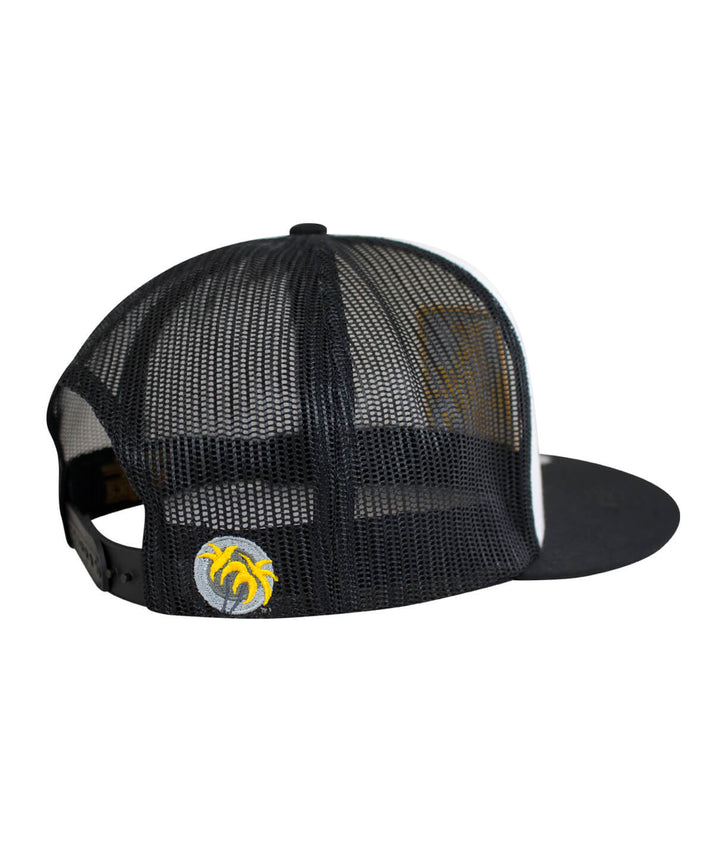 Back view of NICERIDE WAY Trucker Hat showing black mesh and palm logo details.