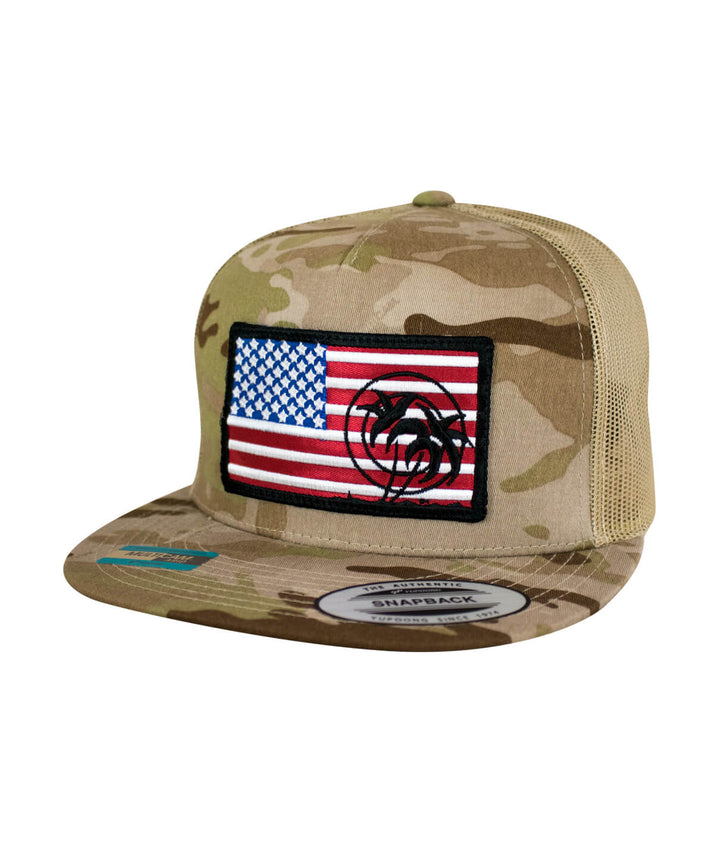 Camo snapback hat featuring an embroidered American flag design on the front panel, perfect for outdoor style.