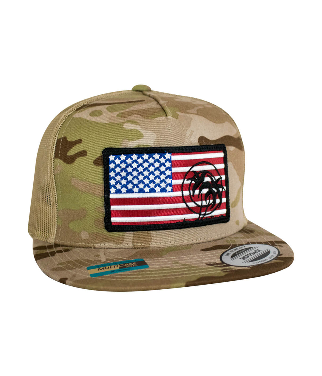 Camo snapback trucker hat featuring an embroidered American flag patch.