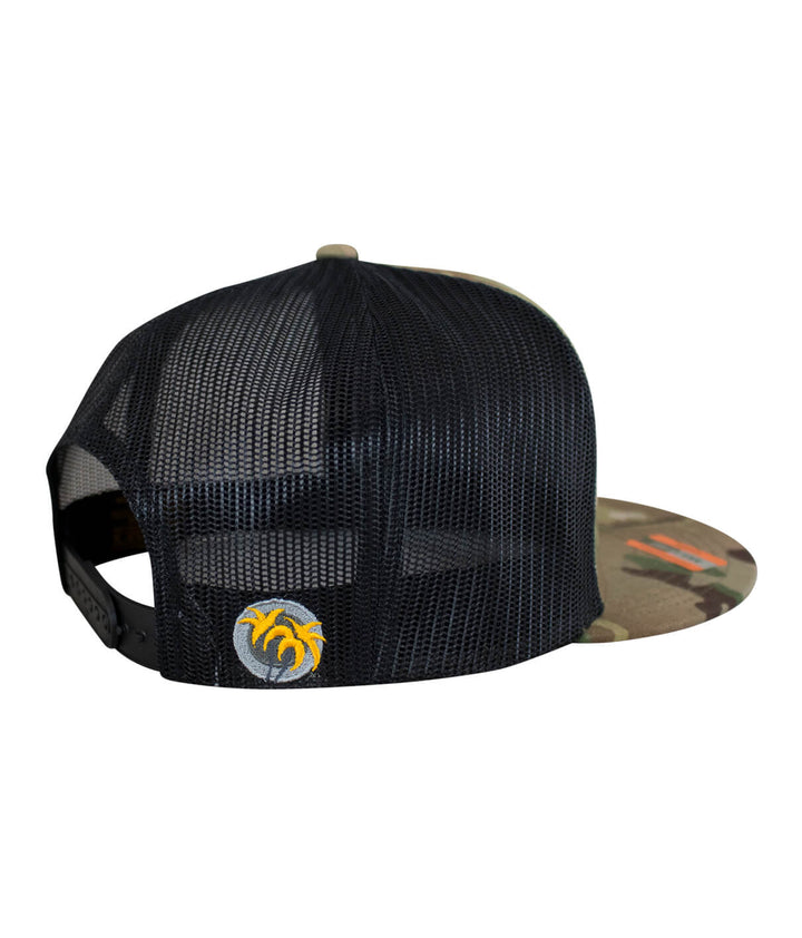 Back view of NICERIDE WAY trucker hat featuring mesh design and palm logo, ideal hat for casual wear.