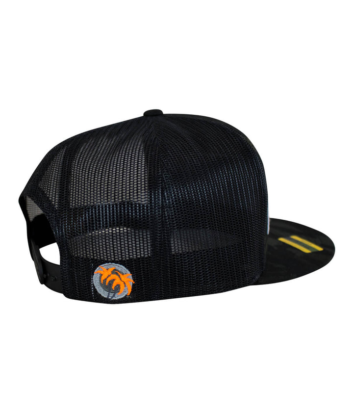 Back view of Buck-Eye Combo Patch black snapback trucker hat with embroidered logo and mesh panel design.