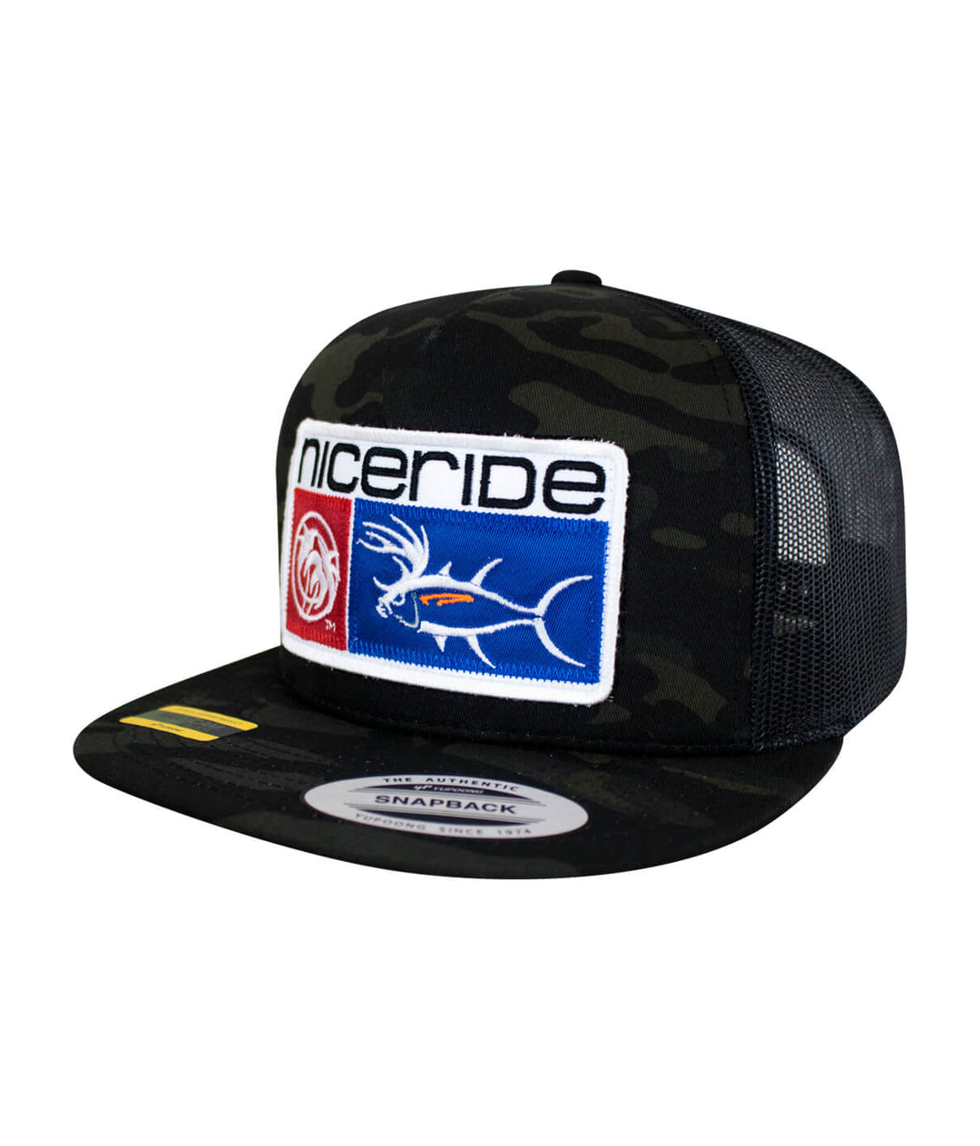 Buck-Eye Combo Patch unisex snapback trucker hat by NICERIDE with embroidered designs on black camo.